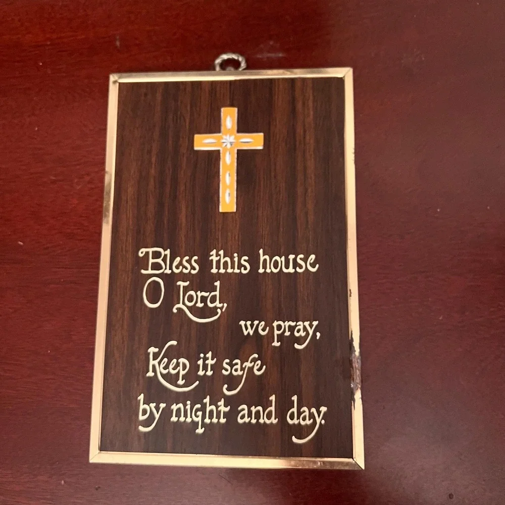 VTG 1970s Bless This House Wall Plaque Retro Christian Prayer Cross Faux Wood